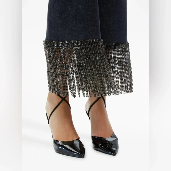 Alice + Olivia Amazing Crystal Fringe Hem Jean Size 26 Maya Charcoal Black - Picture 6 of 14